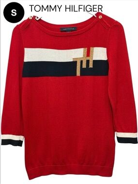 Tommy Hilfiger Red Crewneck Sweater Women’s with Gold Accent Size S Short Sleeve